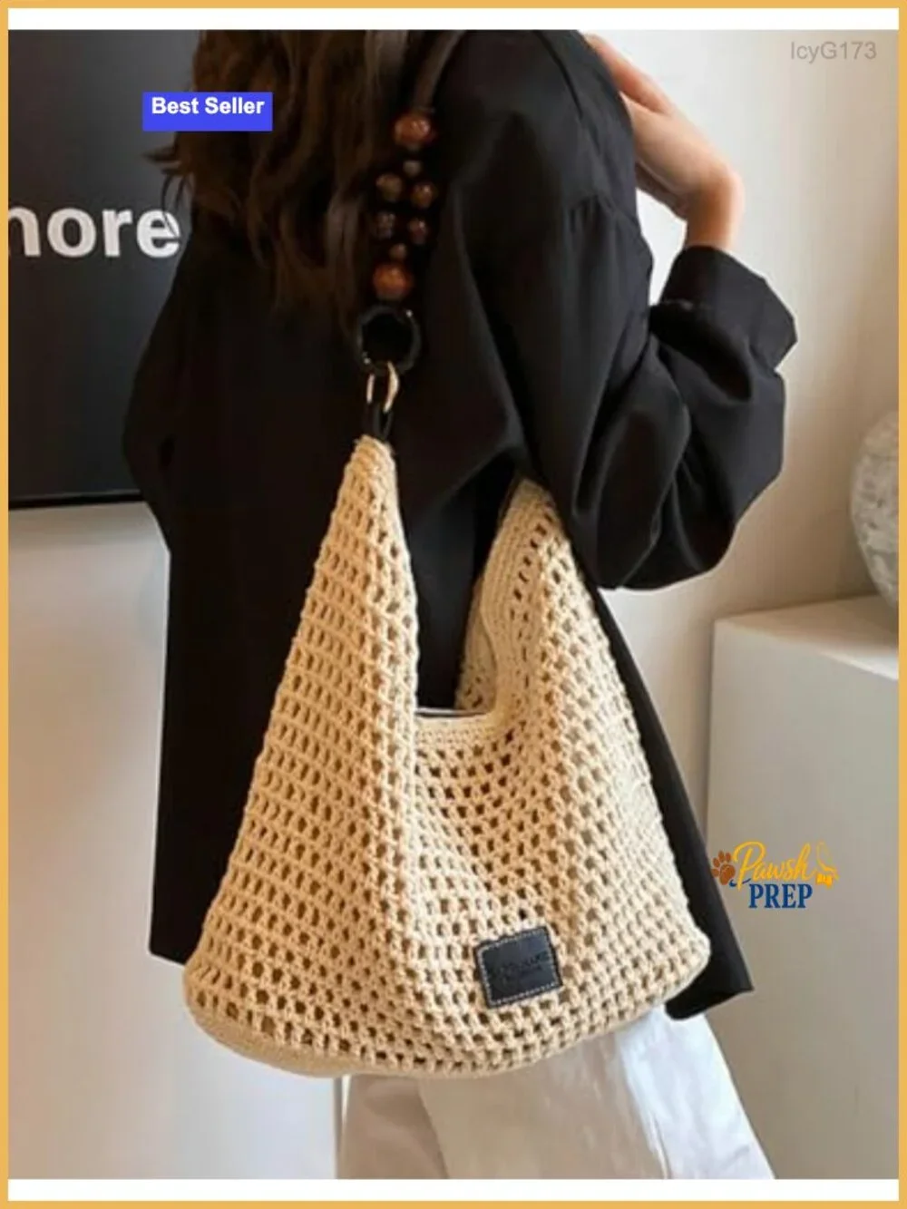 Crochet Cotton Bag Women Summer Beach Woven Hobo Handbag Bead Handmade Shoulder